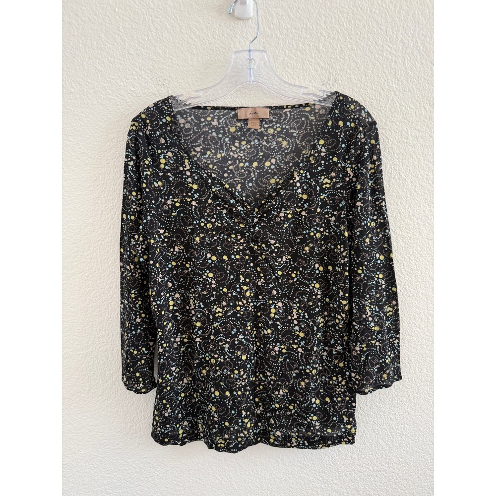 Black Multicolor Dot Swirl Mesh V-Neck 3/4 Sleeve Blouse Top Large